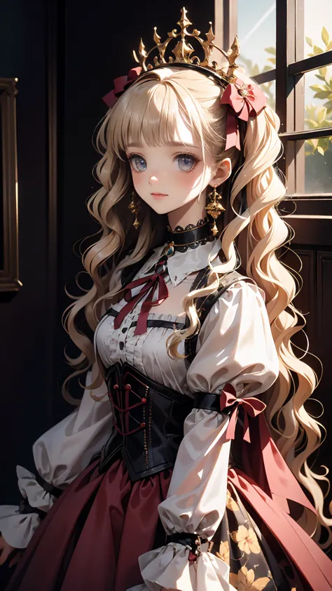 (8k, Best Quality, masterpiece: 1.2),  Ultra High Definition ,, Marie Antoinette, ultra detailed face ,fine grain, open your mouth slightly ,(blonde),Long Hair, wavy hair in front of the station, break,Rococo Ruffle Dress,Long sleeve dress, The dress has a long skirt , Baroque Dress ,  intricate fantasy dress , Gorgeous glamorous dress,  romantic dress, Costume with frills  ,lottery, Data Style, Formal Wear, Fancy Fashion, palate colors include pink and white,(pink:1.5),Class A Smile,Gold Tiara,  necklace ,Sit in a fancy chair,  hands on needs  ,( rainbow light :1.4),,Profile of a person looking out a window,The rosebush is reflected in the window,(Inside Victoria Palace)、Her eyes are shining、今彼女のblondeの髪は腰まで伸びている、Rose-colored gradation and three, 薄いpinkのロック. 彼女は花柄の装飾が施されたGold Tiaraを着用し、 Matching earrings  , white flower choker. 彼女は金色のボタンで縁取られたフリル付きの白いストライプのpinkのトップを着ている, The white sleeves are in the shape of a bud .. A magenta ribbon runs down her chest..、Tie at the back of the neck、Matching chest piece, Decorated with flowers. Her frilly skirt is divided by a white line, Fastened with a large magenta ribbon、Decorated with gold, There is a small ribbon on the back. Her mini skirt、薄いpinkのマゼンタの貝殻状の裏地と白い花のペチコートでできている. 彼女はpinkの花がついた白い手袋も着用している, 白と薄いpinkの靴には、ゆるいカフとDecorated with flowersたマゼンタのリボンがある.
