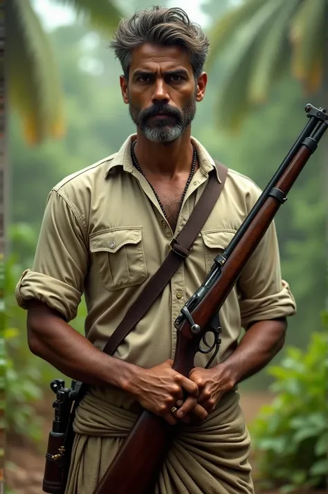 "A rugged man from Kerala with short, tousled hair and a distinctive Watson-style mustache, dressed in a traditional yet stylish shirt and lungi. He exudes a confident, weathered charm. In his hands, he holds an antique Baker rifle, a symbol of his adventu...