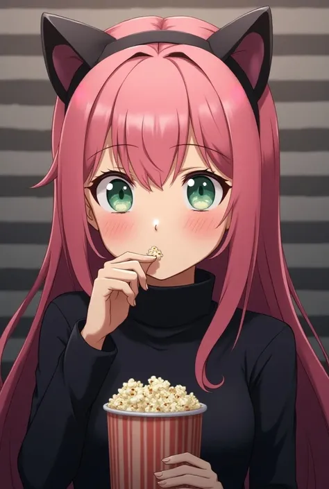 Anya Forger in Spy X family character. Eating a popcorn. Solo, High Resolution, Looking at viewer, Blush, pink hair.green eyes. Black outfit. Accurate, Super Detailed, UHD, Nose Blush, stripes background, Realistic. Fake black cat era headband, realistic 