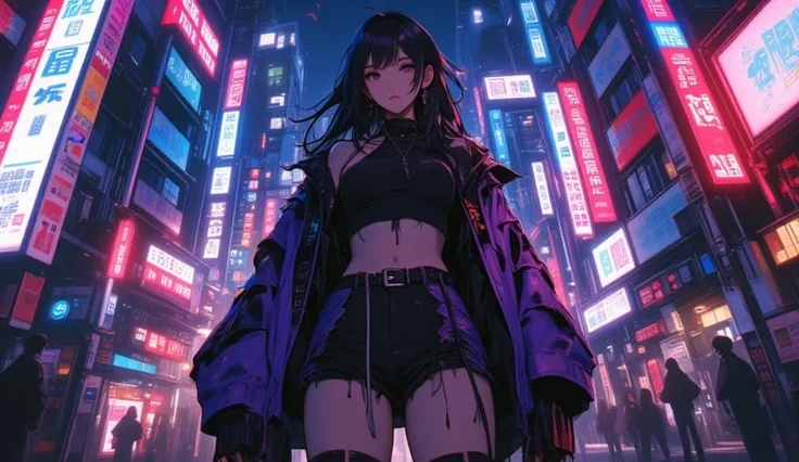 a woman with long hair and a jacket on posing in a city, Cyberpunk Anime Girl with Hoodie, urban girl fan art, torn clothes,  Anime style, beautiful Arte digitalwork, Style Ross Tran, sujetador y pantalones cortos streetwear, arte digital. @mariomaniacdude...