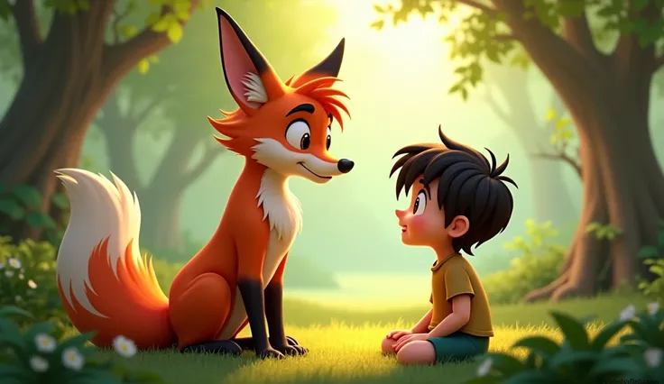 Chanchal (a fox )Teaching Mowgli(a ): Chanchal explaining the real treasure—courage, intelligence, and learning—while Mowgli listens thoughtfully.


3D cartoon style