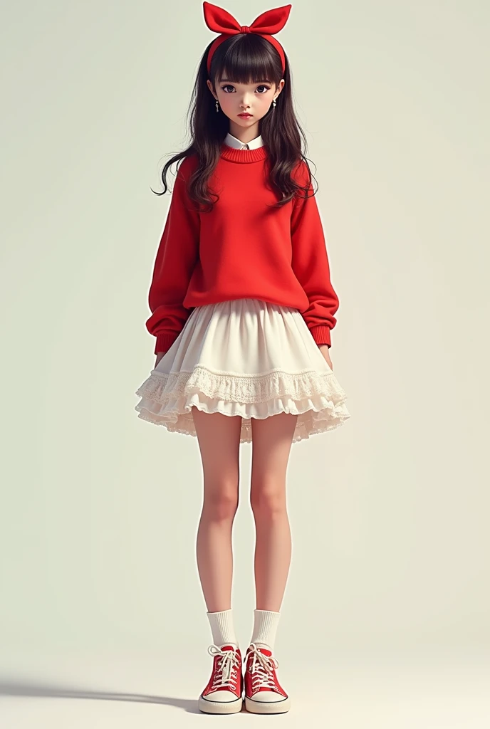 masterpiece, best quality, genny, hairband, red sweater, frilly white skirt, sneakers, standing, looking at viewer