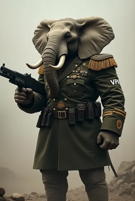 Elephant head in army suite.on the arm pate is VIPX. And hold thegun