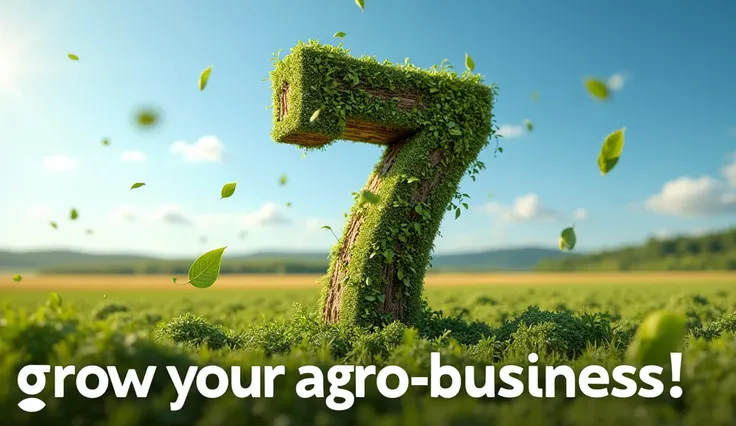 "Design a bold and inspirational YouTube thumbnail for 7 Benefits of Starting Your Own Agro-Based Business. Feature the number 7 prominently in a 3D style with a natural texture, like wood or crops, to represent the agro-business theme. Around the 7, inclu...