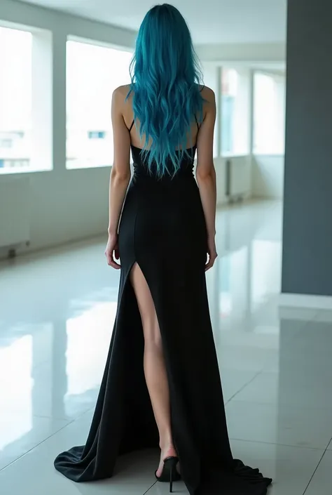 Super hot female model , Stand with a black elegant dress which is open at the sides so that you can show off your beautiful legs in a large bright room. She has long blue hair