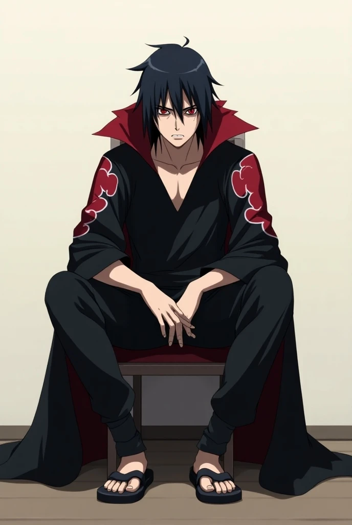  God Itachi wear akatsuki clothes sit on chair in angry mood with sharingans animation 
