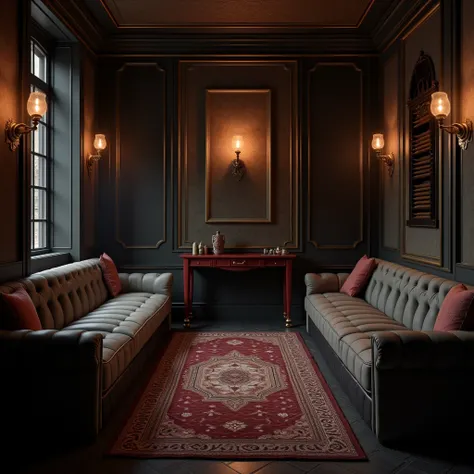 a speakeasy bar without people, featuring leather sofas in dark tones like gray and red. The setting includes vintage retro style with classic furniture, dim lighting, and Art Deco wall decor. Realistic photo