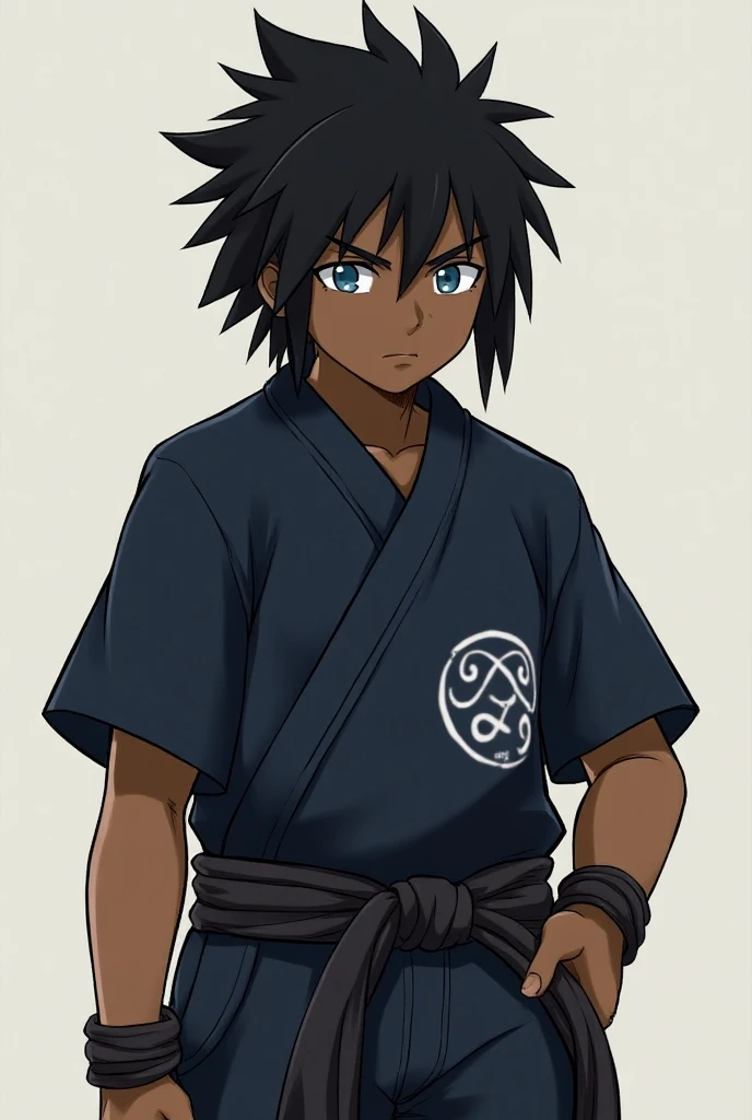  Daisuke Akimichi is a black boy , fat and muscular ,  with dark dread hair and bright blue eyes,  always with an air of curiosity .  He wears the traditional clothes of his clan ,  with the symbol of the Akimichi clan highlighted on his back .  His Konoha...