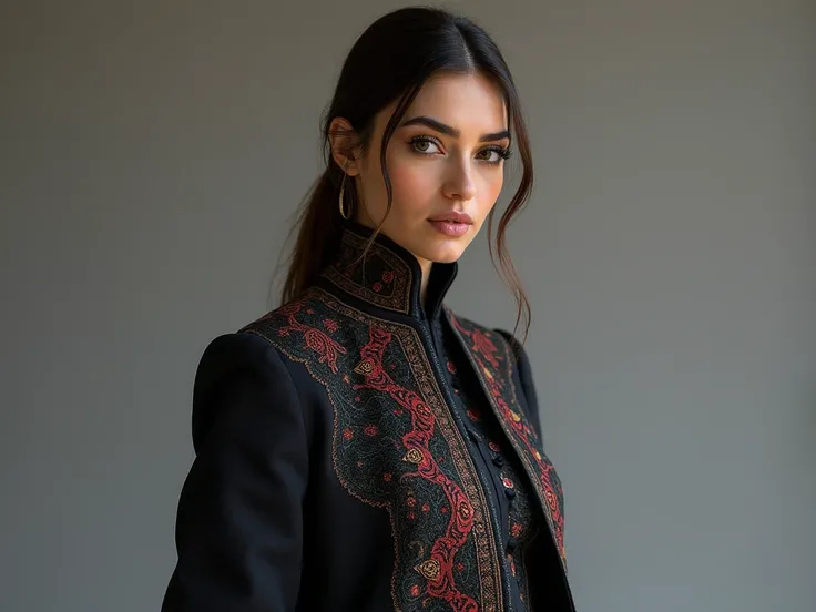 I would like a full-body fashion style. It should be inspired by Iranian fashion and feature Alenaz Shakerdoust. The outfit should consist of a modern suit with influences from traditional Azerbaijani clothing. It should incorporate intricate and unique cu...