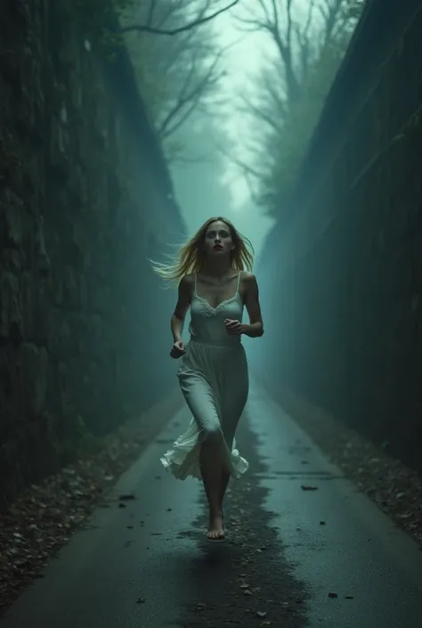 very narrow road leading to hell. evil atmosphere. no light at all. desperate mood. A beautiful young lady, 23 years old, with blonde hair, blue eyes red lips wearing a white dress is running across it, and she is looking frightened. Make her look like she...