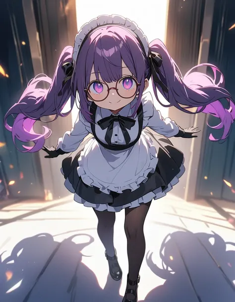 Long purple hair ,  wearing maid clothes, round glasses, Front Light ,Cute 2D, Front lighting 、( for a white sci-fi outfit 、masterpiece、 high resolution on down、 Details)、animeスタイル、 Flat Style 、(Shining Eyes、 Details美しい顔),  1 girl、extremely  Details、(The S...