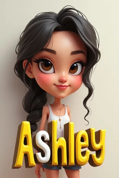 " 3D caricature of a girl, in High-quality realistic photo, and there is the name ASHLEY in 3D letter style, embossed and realistic, in black yellow, indium white and black,