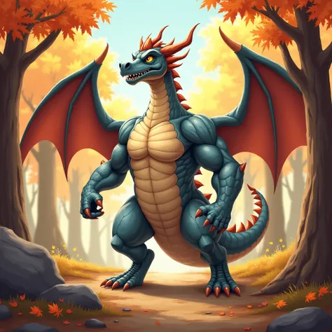 A huge metallic muscular winged dragon furry jock stands against the backdrop of an autumn forest in cartoon style 