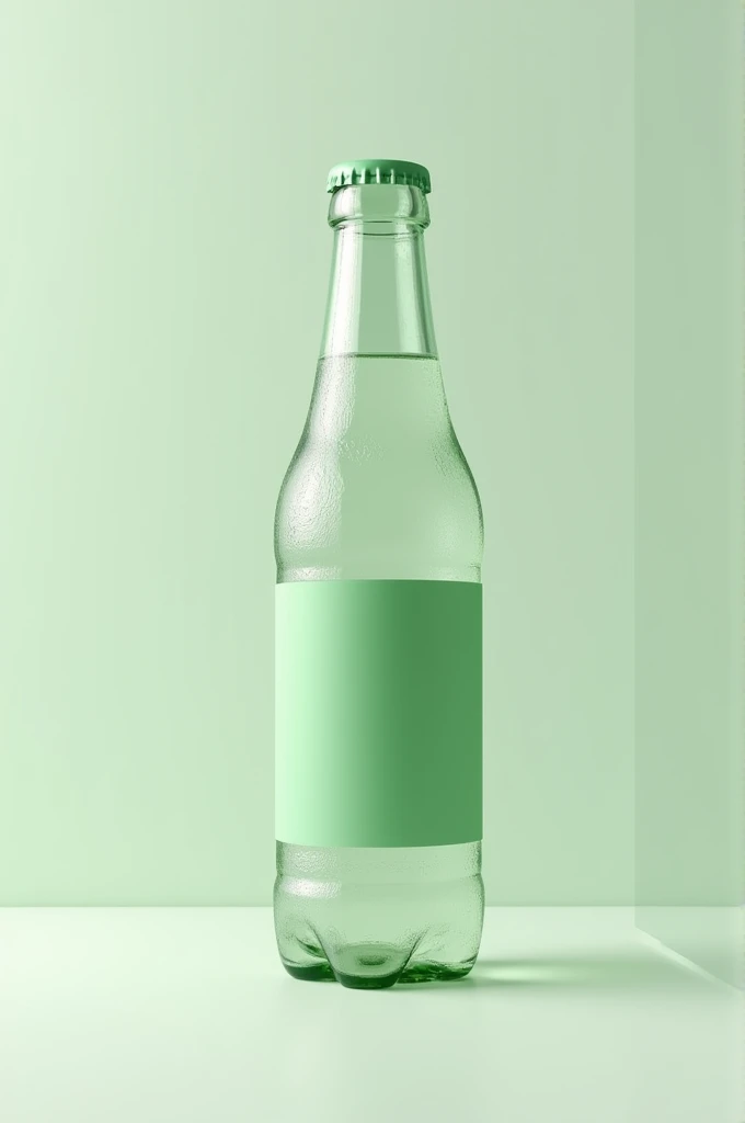 "Create an image of a transparent plastic bottle, similar in shape and style to a classic Soft drink bottle, designed for a soft drink. The bottle should have a curved, textured shape typical of soda bottles and be completely clear. Wrap a simple green lab...