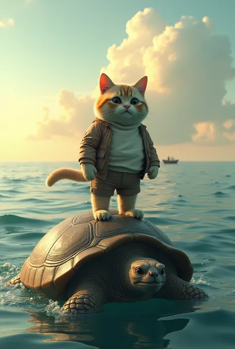 "A hyper-realistic scene of Brother Cat, a chubby  male with a cat face and human body, standing on the broad, ancient shell of a giant tortoise in the vast ocean. Soaked from his fall off a distant cruise ship, Brother Cat stands carefully on the tortoise...