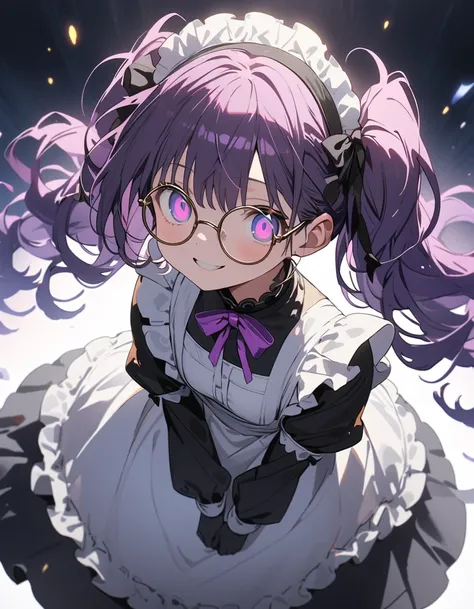 Long purple hair ,  wearing maid clothes, round glasses, Front Light ,Cute 2D, Front lighting 、( for a white sci-fi outfit 、masterpiece、 high resolution on down、 Details)、animeスタイル、 Flat Style 、(Shining Eyes、 Details美しい顔),  1 girl、extremely  Details、(The S...