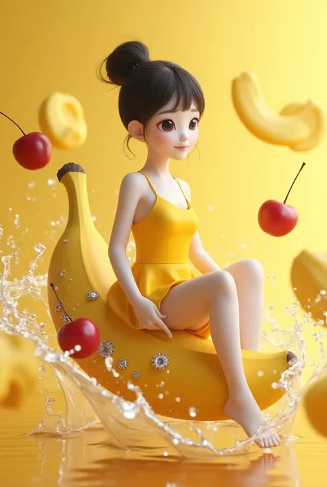 A beautiful Korean woman with smooth white skin, a perfectly groomed face, her hair tied up in a bun with Korean-style bangs, sitting on a yellow banana decorated with sparkling diamonds, floating upwards like a dream, with cherries also floating upwards l...