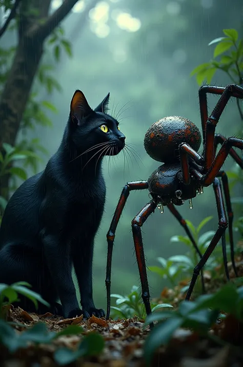 A black cat and a spider face to face in rain forest 