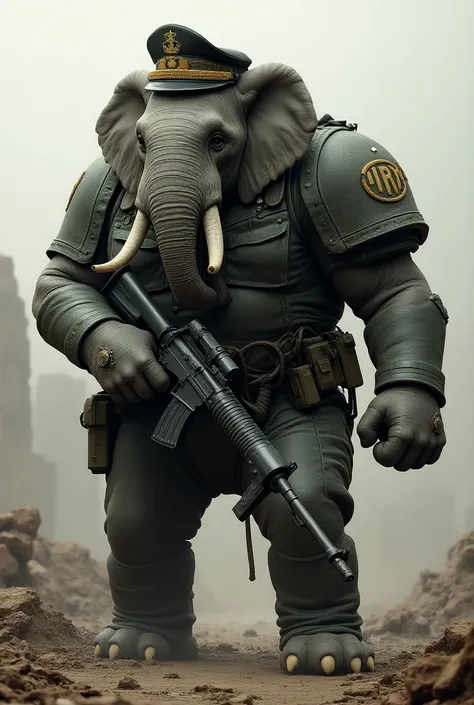 Elephant head in the army suit. On the arm pate is VIPX. and hold the assault rifle.