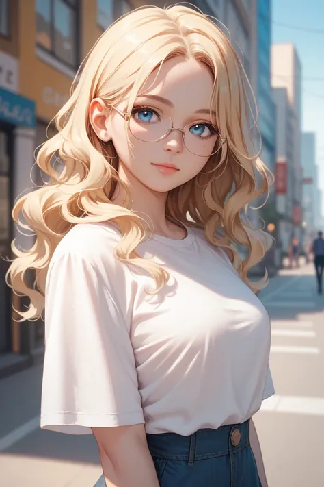 
1girl, long wavy blonde hair, blue eyes, wearing plain white shirt, with glasses, city, absurdres, high res, ultrasharp, 8K, masterpiece, looking at viewer