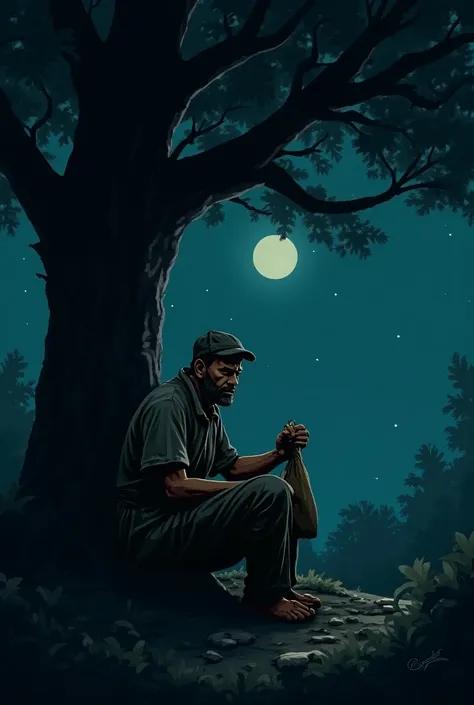 The scene shows the merchant sitting under a tree in the forest at night, looking tired and disappointed, with the empty sack still in his hand. The background shows stars and the dense forest.