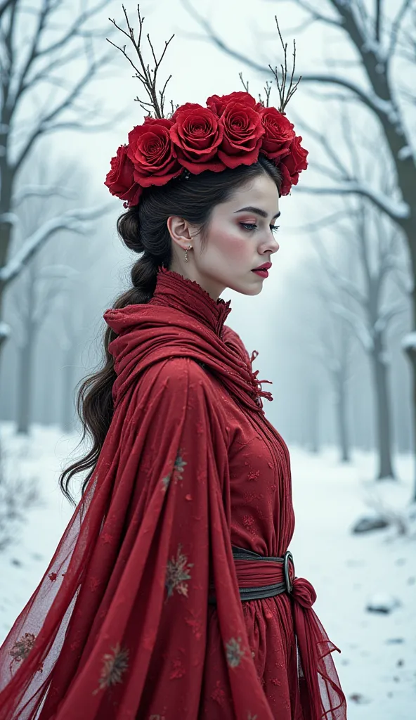 a serene winter landscape scene with a stunning tall bark blood red rose-adorned female figure standing amidst a blanket of pris...