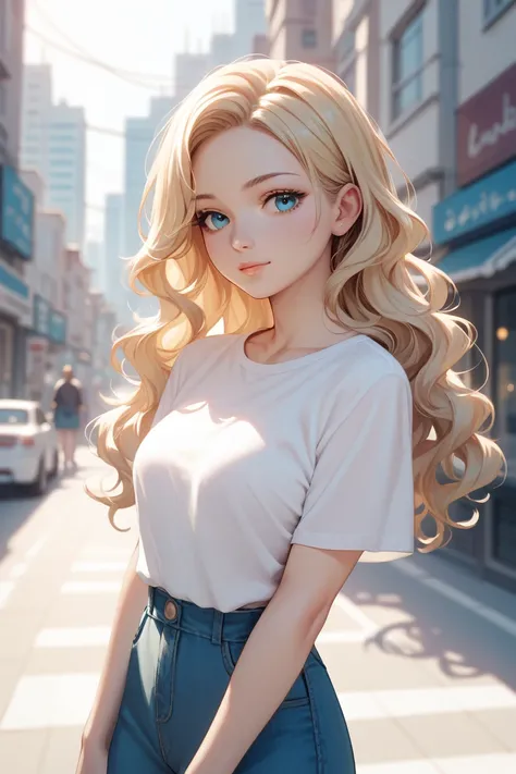 
1girl, long wavy blonde hair, blue eyes, wearing plain white shirt, city, absurdres, high res, ultrasharp, 8K, masterpiece, looking at viewer