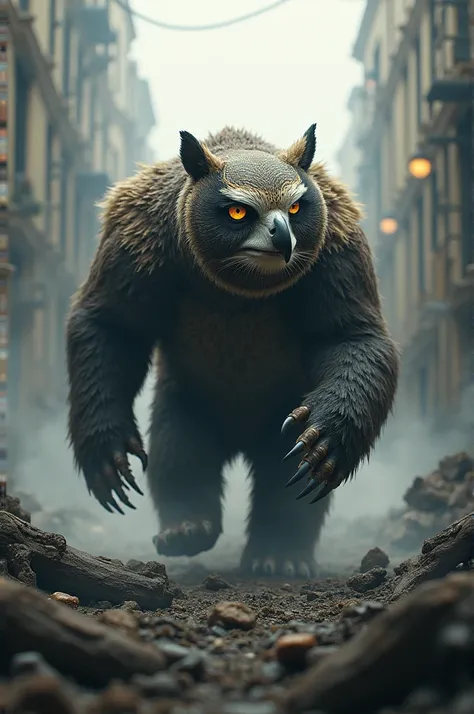 Owl and bear combination in one body background in the destroy city 