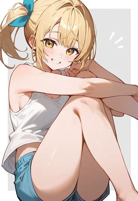 Hoshikawa Sara( hololive )、Blonde、super long side ponytail、 white tank top、Light Blue Shorts 、smile、Hold your knees、Battens barrette on the forehead 、Panty shot