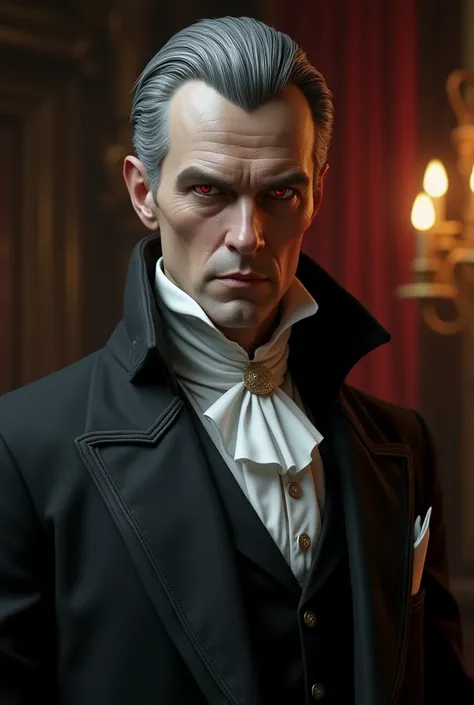  vampire male , 50 years,  High resolution,  masterpiece ,  the best quality,  Short gray hair on a side stripe,  American flat ,  very formal clothing ,  antique cut . red eyes, Boca Sangre .