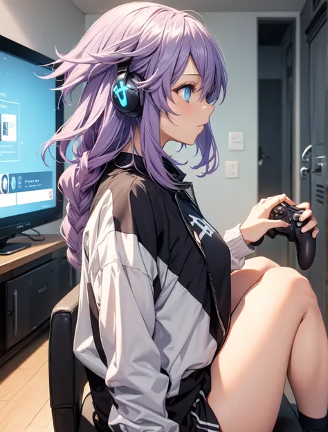  foreground,  front side profile, urban clothing, playing video games in your room, adorable 