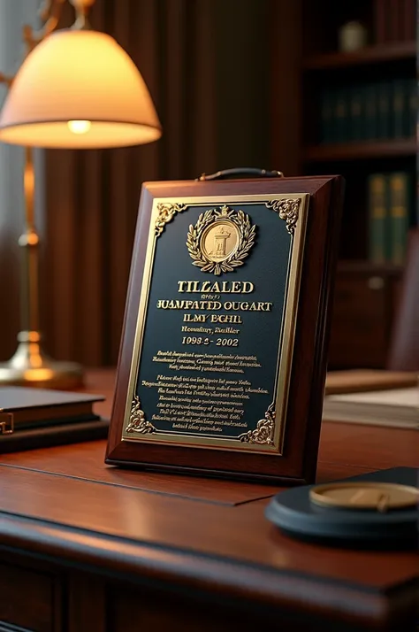 Ornate office plaque of lawyer on beautiful desk with small scale