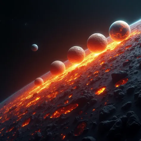 "A 3D visualization showing the evolution of a barren planet, starting as a molten rock with volcanic activity, slowly cooling, and eventually developing an atmosphere and oceans. Bright, colorful details of planetary evolution."

