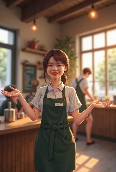 Change her hand gesture to welcoming customer pose