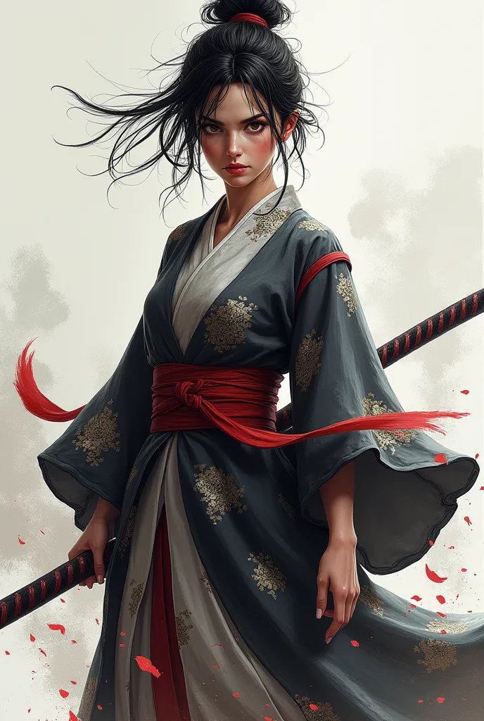 prompt: a fierce female samurai stands with confidence, holding a katana in an upright pose, wearing a flowing, floral-patterned...