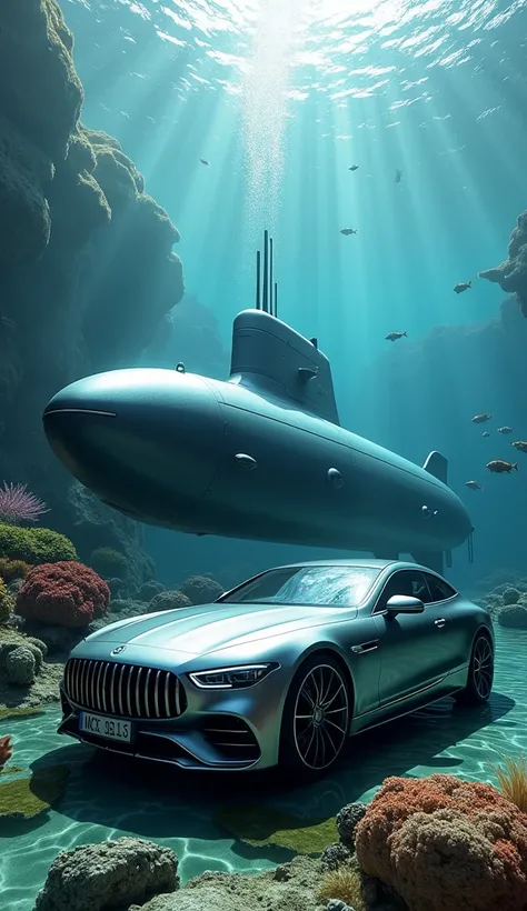 Mercedes and a submarine park together