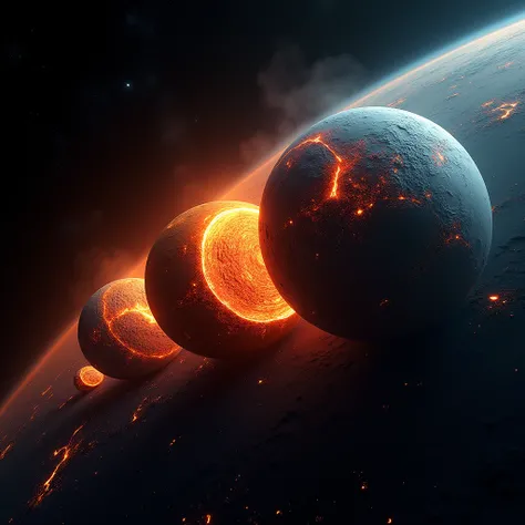 "A 3D visualization showing the evolution of a barren planet, starting as a molten rock with volcanic activity, slowly cooling, and eventually developing an atmosphere and oceans. Bright, colorful details of planetary evolution."

