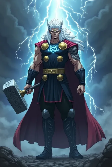 satoru Gojo and Thor combined holding a hammer on one hand and doing the infinite sign on the other. behind is a smoky thunderous background 