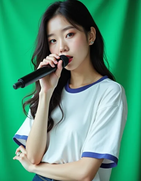 Famous Korean female singer, female singer Rose of the Korean group Blackpink holds a black microphone and sings, her face is sharp and impressive, she wears a white t-shirt with a purple blue folded collar, her figure is slim. , the right hand is the one ...