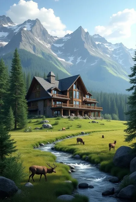 A house on the top of mountains with lots of trees. The house is big and having a lot of windows. The house has long fields in front and a water stream flowing between fields. Different wild animals are all over the fields and in water also.