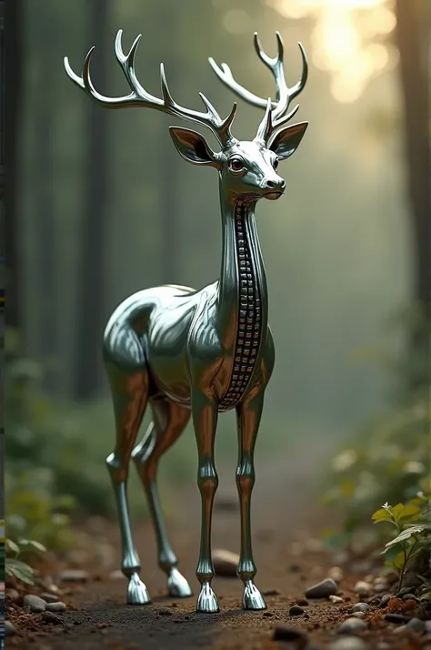 "A surreal hybrid creature combining the grace of a Hiran (deer) and the luxury elements of a Rolls-Royce car. The creature has the slender, elegant body and long legs of a deer, with reflective metallic details resembling a Rolls-Royces sleek bodywork. It...