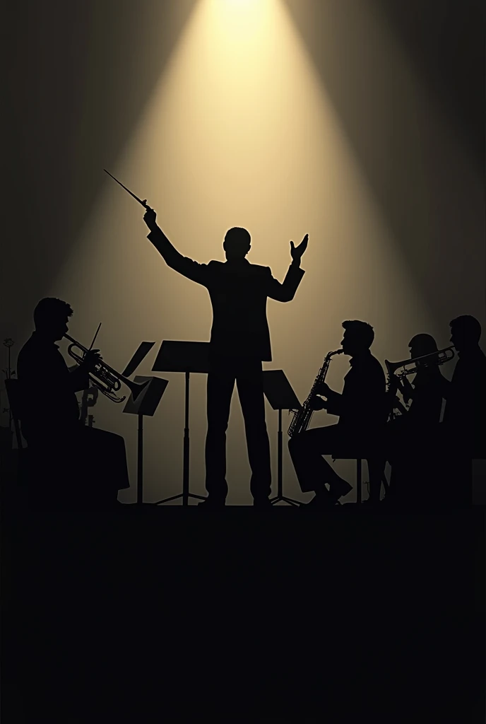 Create a silhouette of a concert band with conductor.  There are different instruments, Women and men 