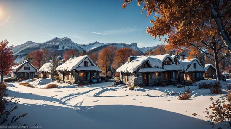 professional photo, autumn, severe frost, village, fabulous, UltraHD, random angle, HDR