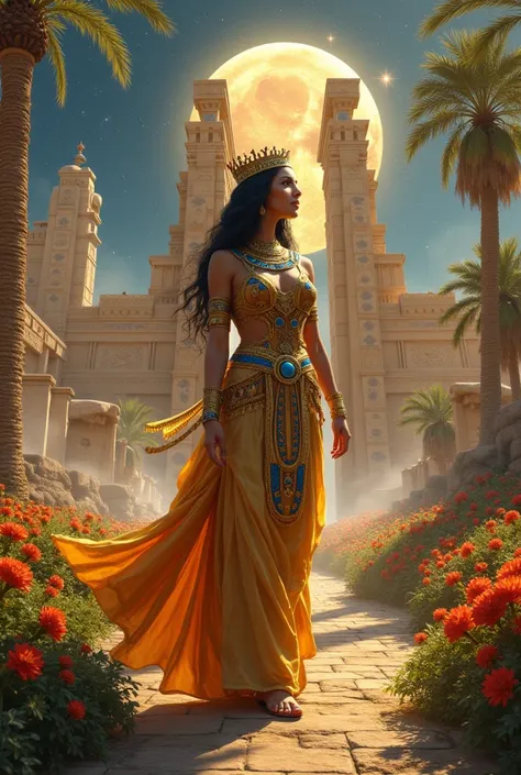 Envision a fantastical scene with a Sumerian queen, inspired by Queen Pu-Abi of Ur, gracefully navigating the ethereal landscapes of ancient Babylon. She is fully covered in majestic attire, adorned with an intricate headdress and lavish jewelry of gold, l...