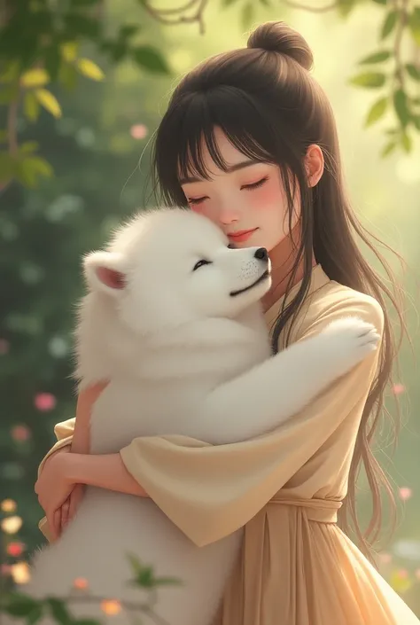 A cute white Samoyed dog is hugging a Japanese woman who is beautiful and has semi-long dark hair