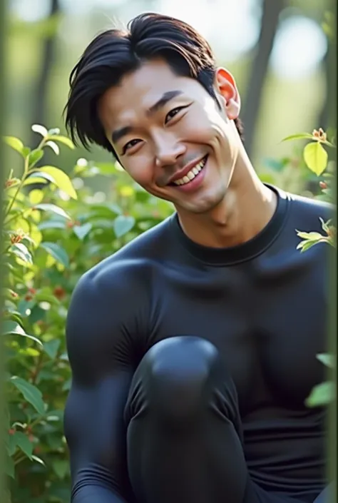 Muscular, Handsome man in a tight black latex suit asian handsome．He shows off his very big penis.Korean man. A sinister smile. Erotic posture. Squatting