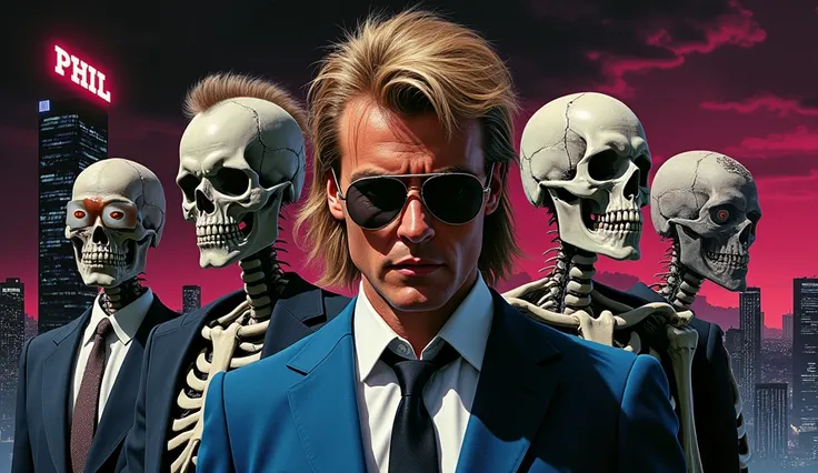 a detailed movie poster for the 1988 science fiction film "They Live" by John Carpenter, a muscular blond mullet hair man wearing sunglasses with a gritty expression, and no skin skeletons with visible organs and muscles tissues with  1980 haircuts and nor...