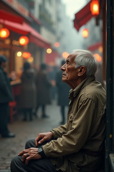 A hungry and sad old man looking at people eating 