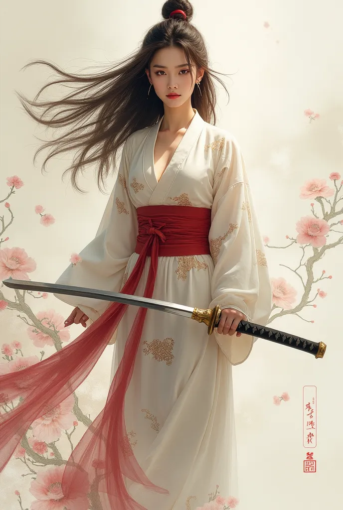 amidst a background that appears like a flowing ink wash, a lone swordswoman with long brown hair stands, dressed in a white kim...