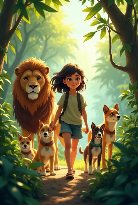 Girl in the jungle with 5 dogs and 1 lion